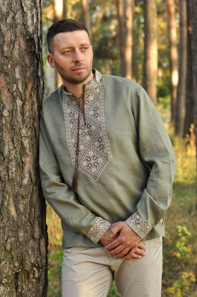 Men's embroidered linen shirt. Military