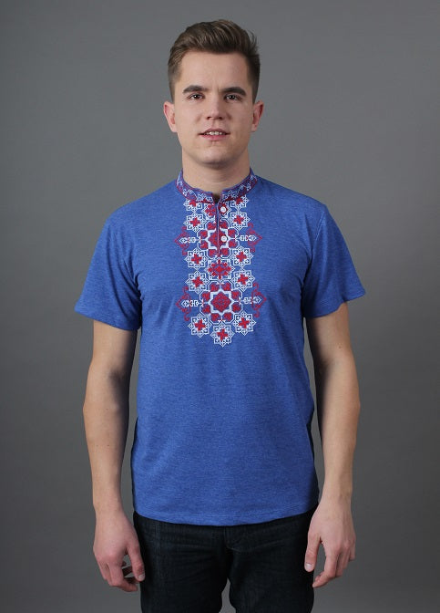 Men's short sleeve blue shirt with red embroidery "Zakhar"