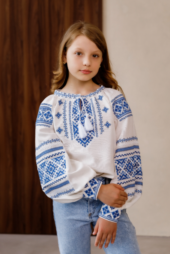 Ukrainian Girl's embroidered blouse "Oksanka" blue