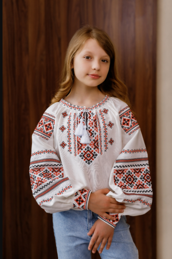 Ukrainian Girl's embroidered blouse "Oksanka" red
