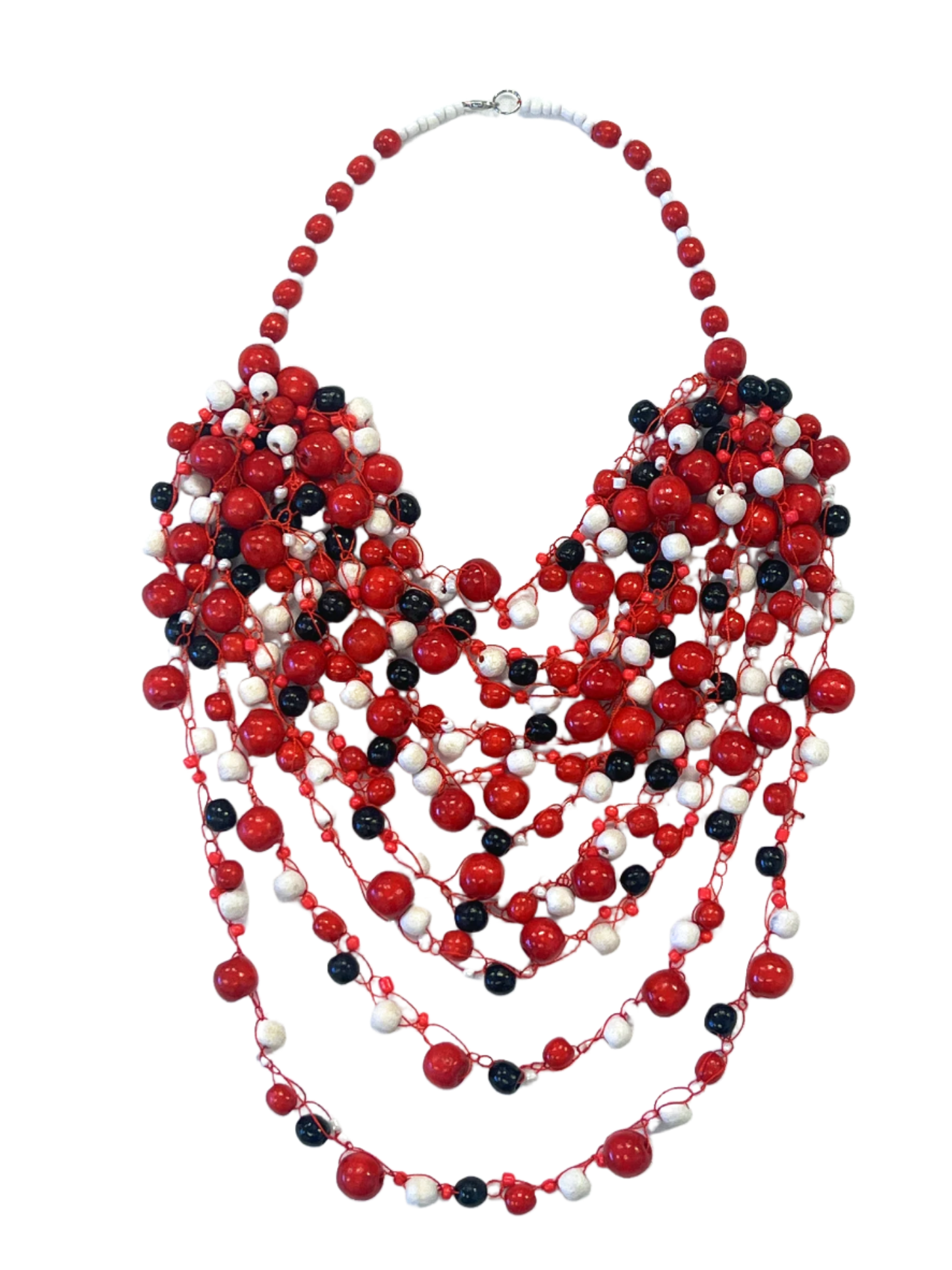 Artisan crafted woven glass and wood bead necklace. Red, white, black