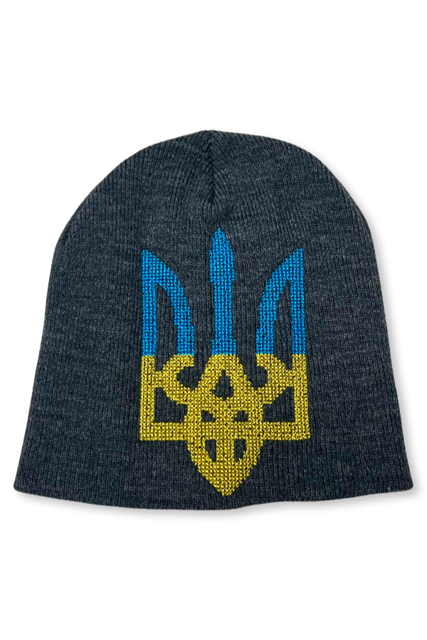 Knitted beanie hat with cross stitch embroidery "Tryzub"