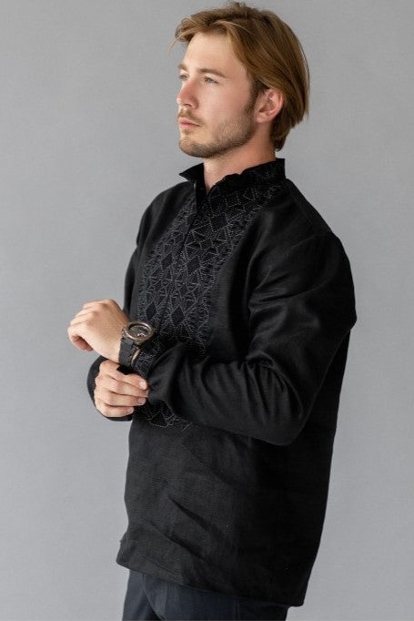 Men's black linen Vyshyvanka with black embroidery