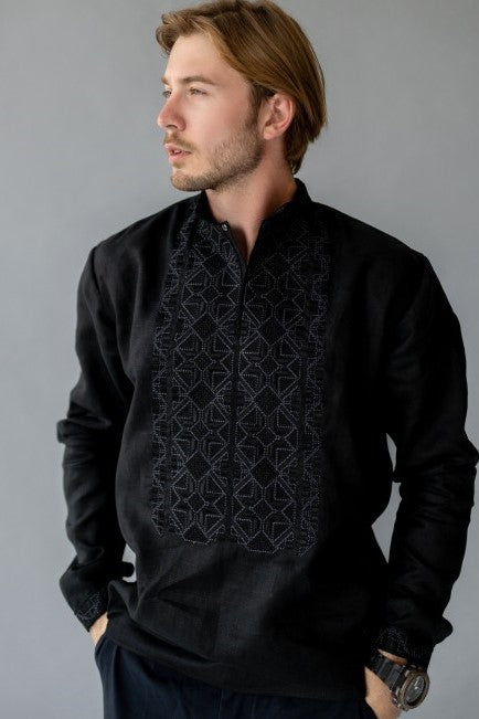 Men's black linen Vyshyvanka with black embroidery