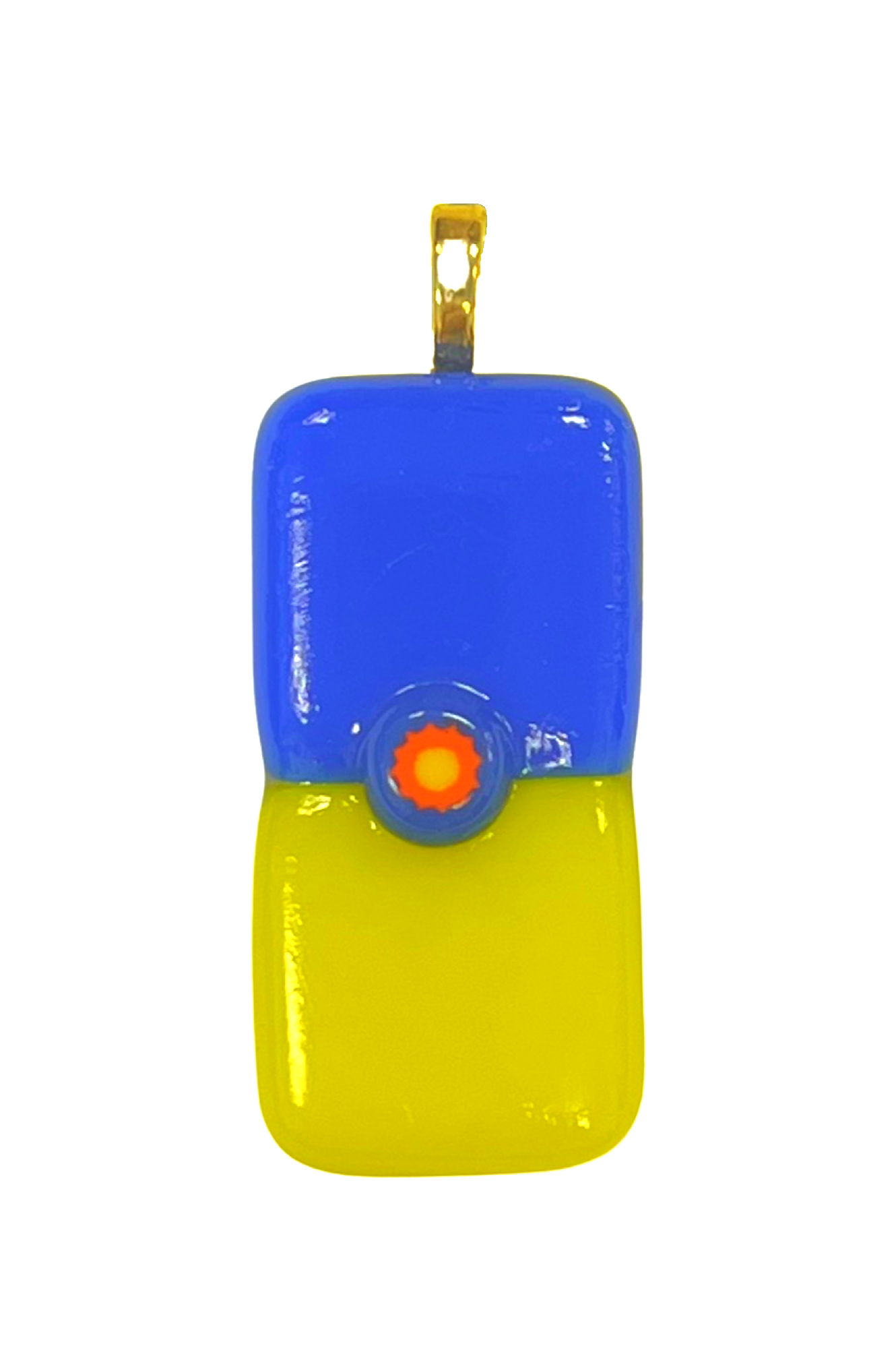 Blue and yellow fused glass pendant. Long