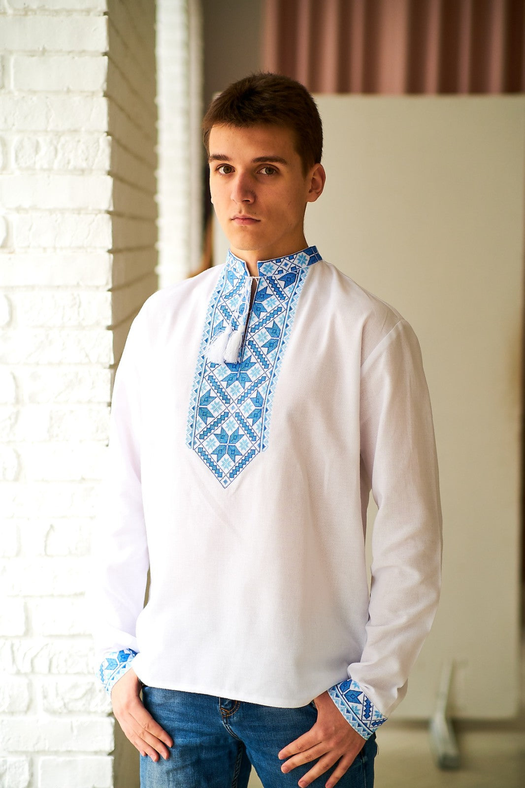 Men's cotton white Vyshyvanka with blue embroidery "Alatyr"