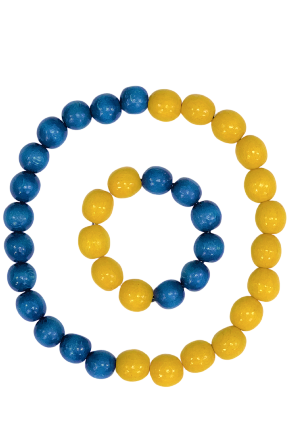 Artisan crafted jumbo wood-bead jewelry set. Blue and yellow
