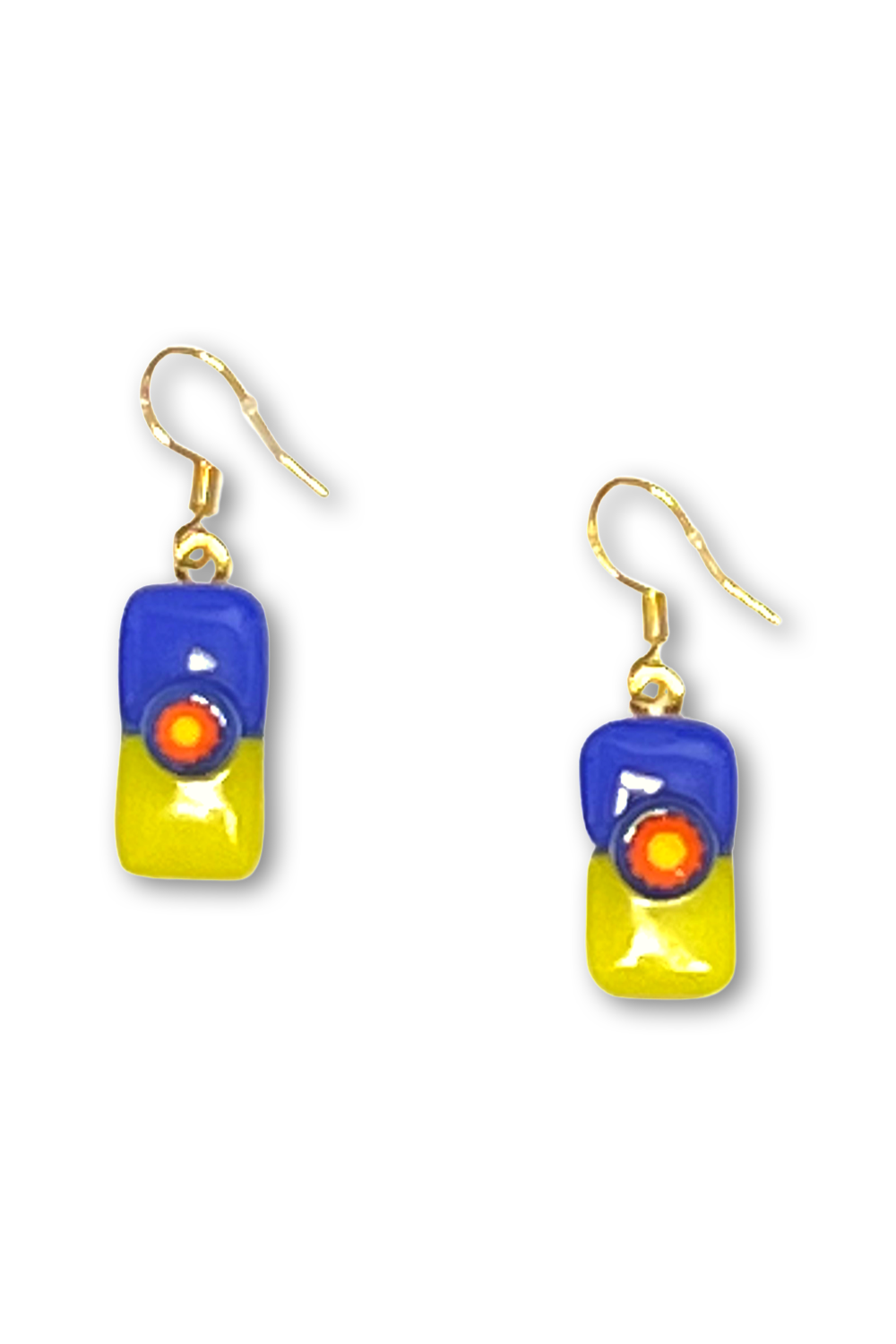 Blue and yellow fused glass earrings