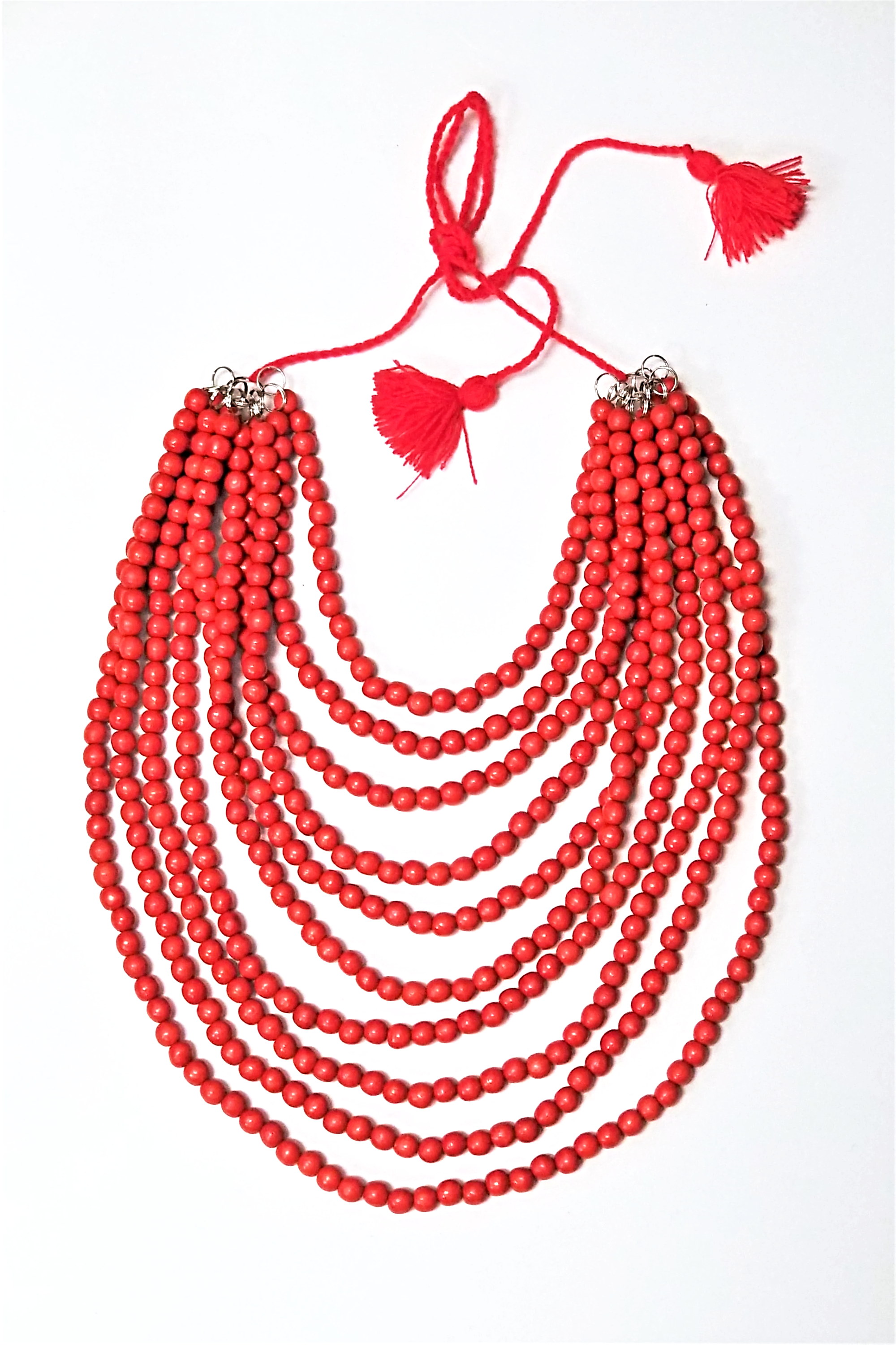 Artisan crafted wooden bead 10-strand necklace. Red
