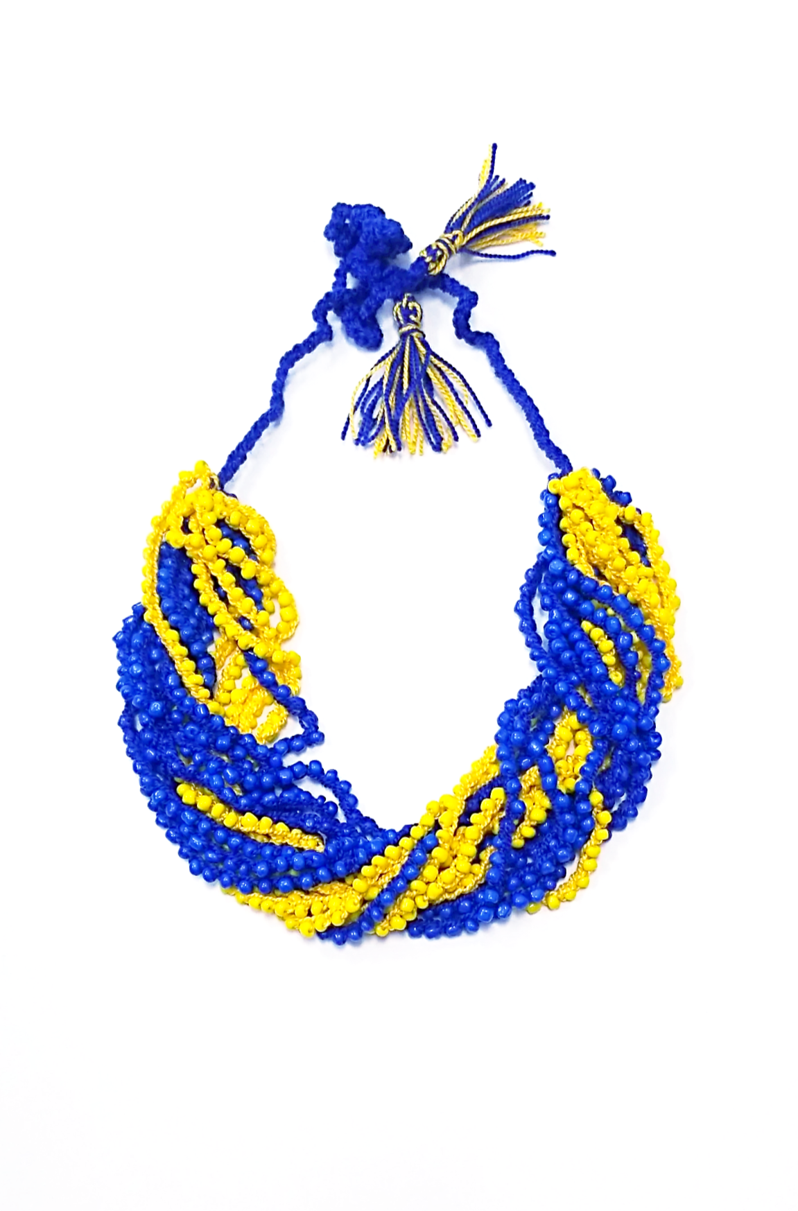 Artisan crafted woven bead necklace. Royal blue and yellow