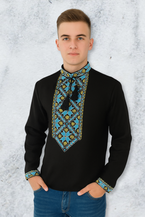 Men's cotton black Vyshyvanka with blue and yellow embroidery "Alatyr"