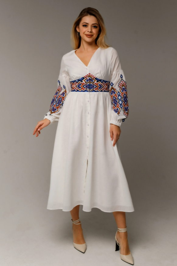 ukrainian embroidered dresses linen dress Marta Small / White / Blue embroidery Perfect for special occasions Color Code:005 RL081326 The Grand Hotel on