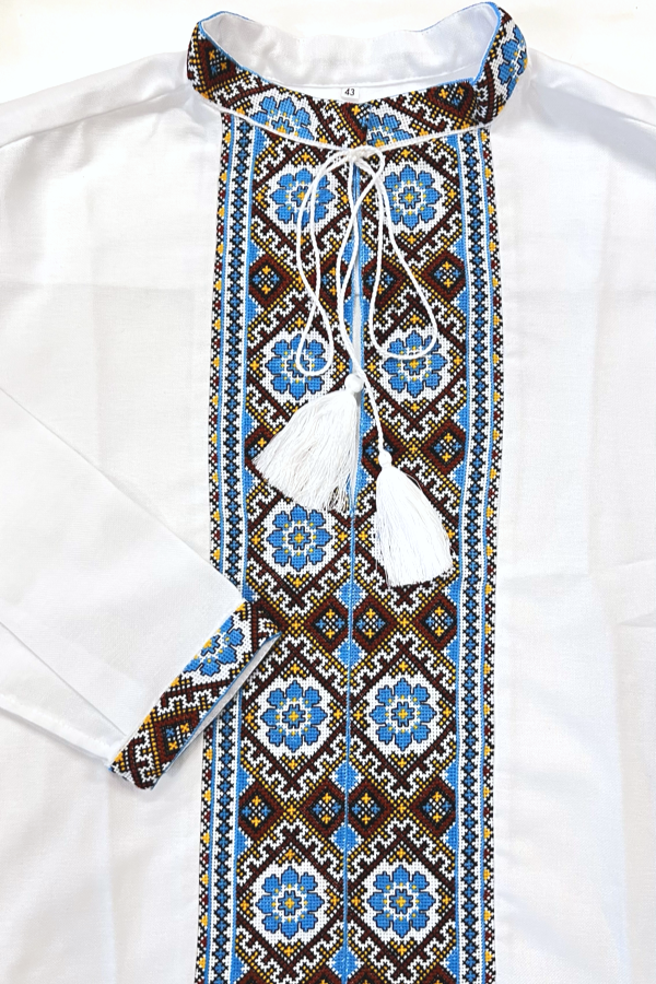 Men's white Vyshyvanka with hand embroidery. Brown