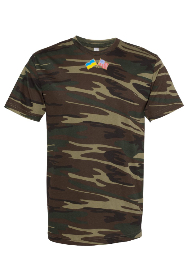 Adult unisex t-shirt with embroidered Ukrainian and American flags. Camo