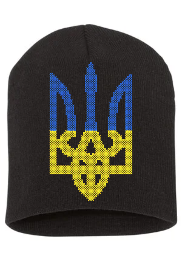 Knitted beanie hat with cross stitch embroidery "Tryzub"