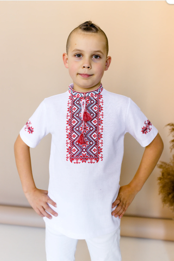 Boy's short sleeve white shirt with red embroidery "Zoryan"