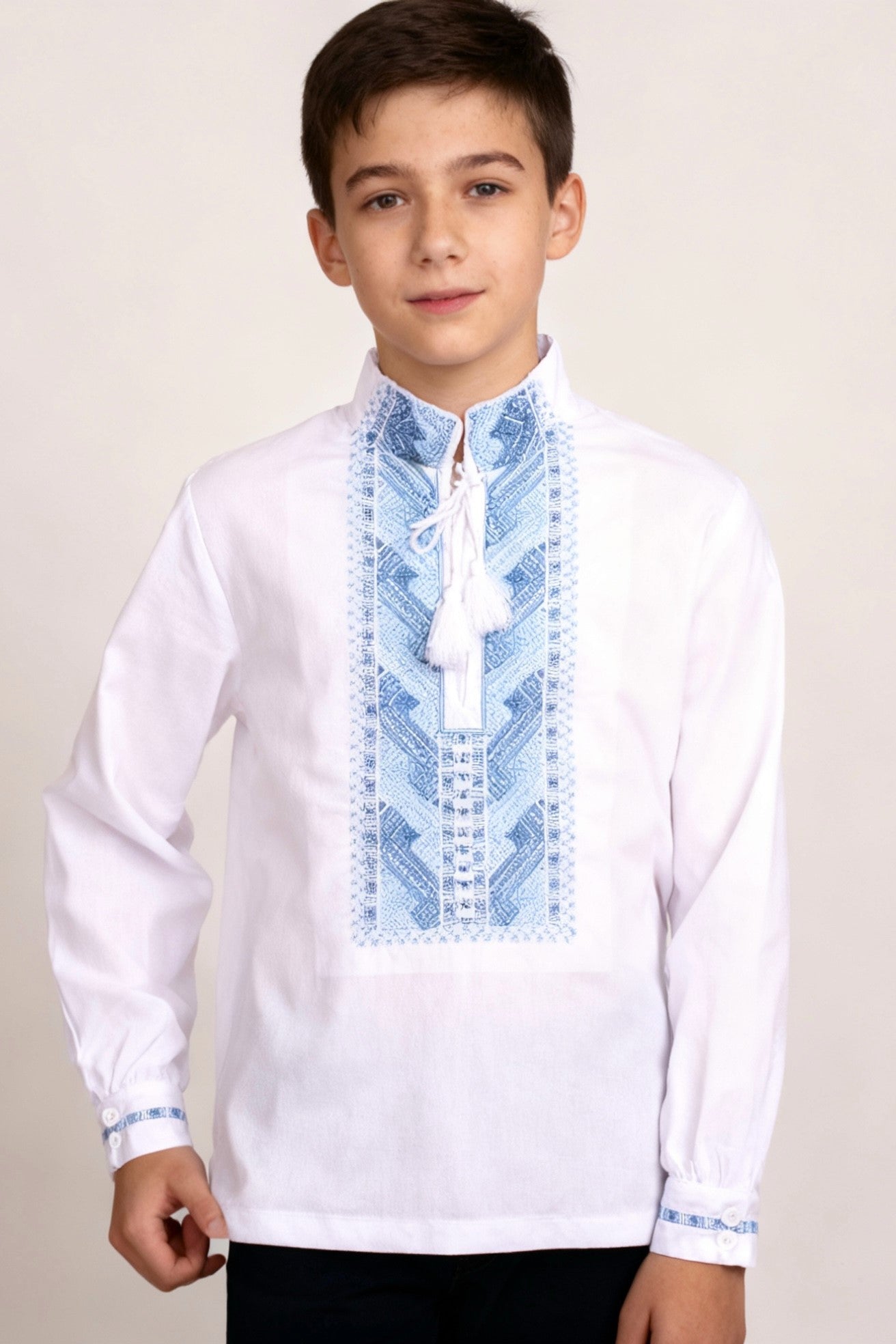 Boy's white Vyshyvanka with blue embroidery
