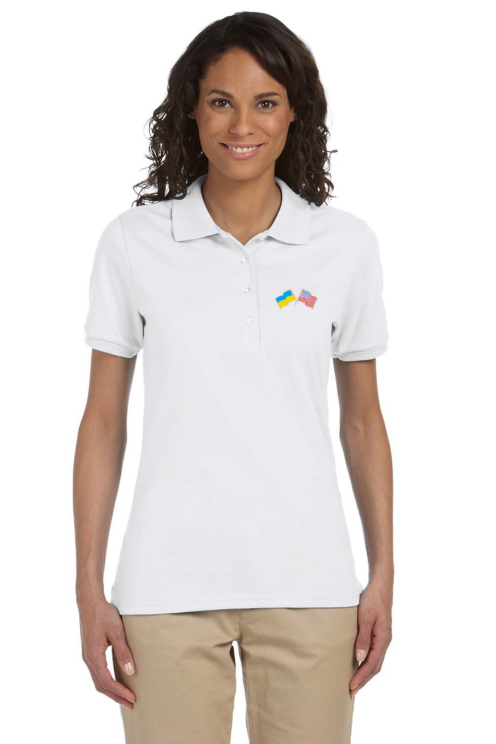 Women's polo shirt with Ukrainian and American flags