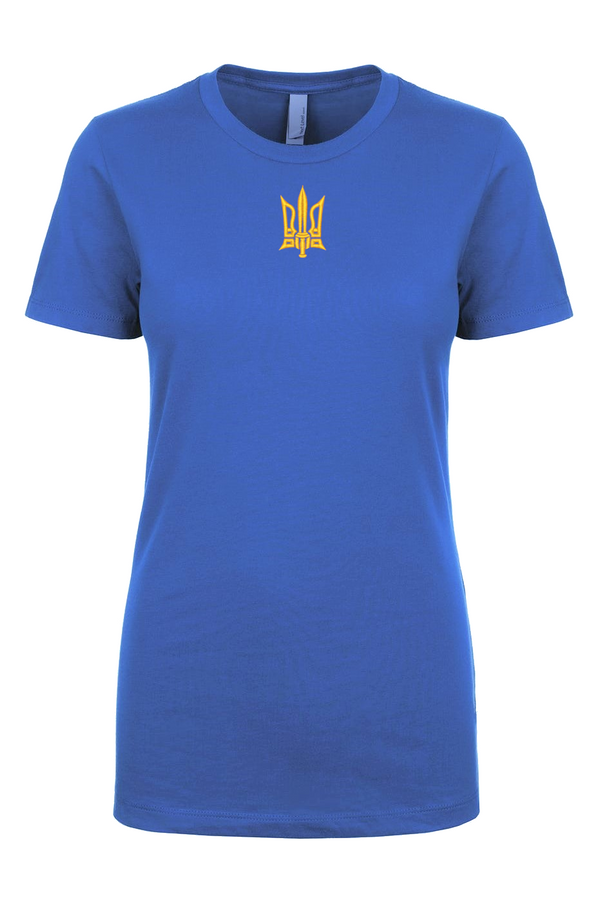 Black T-shirt with an embroidered Tryzub (Ukrainian trident) design on a white textured patch. Minimalistic, stylish, and patriotic main image 0