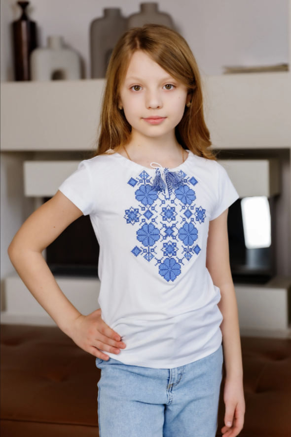 Girl's short sleeve embroidered white shirt "Kvitana" blue