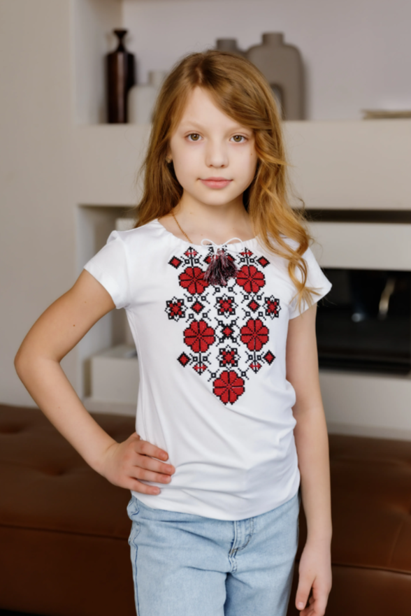 Girl's short sleeve embroidered white shirt "Kvitana" red