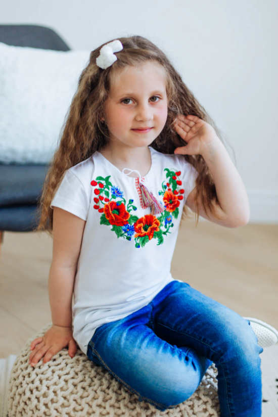 Girl's short sleeve embroidered  shirt "Poppies & cherries"