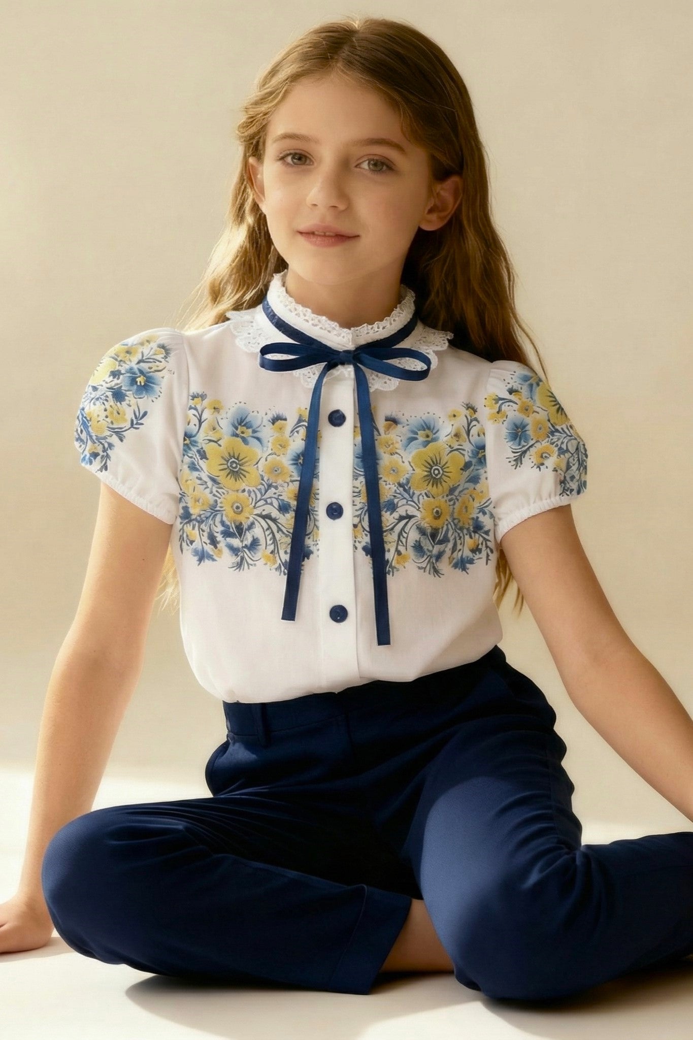 Girl's  short sleeve white top "Blooming Ukraine"
