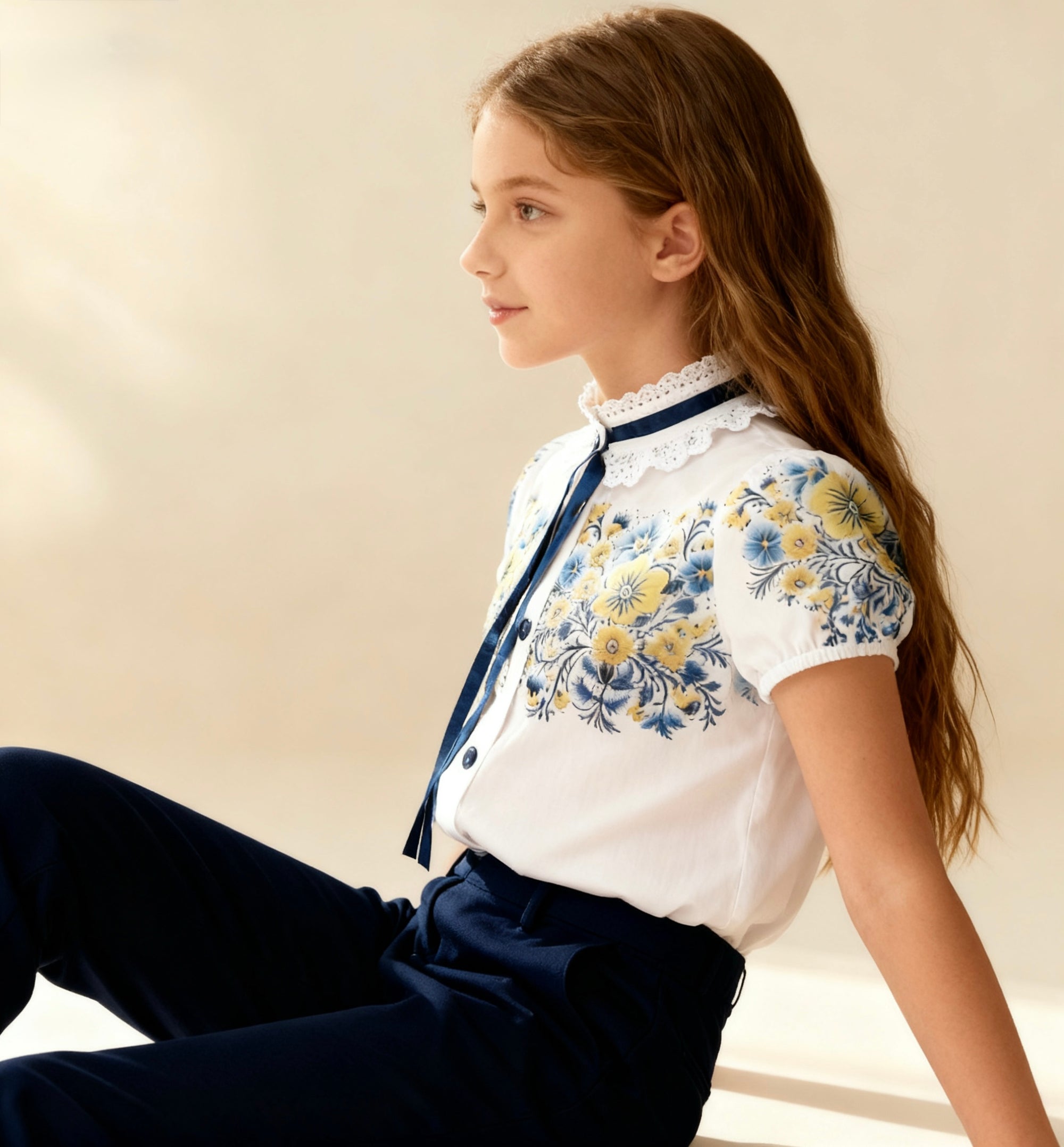 Girl's  short sleeve white top "Blooming Ukraine"