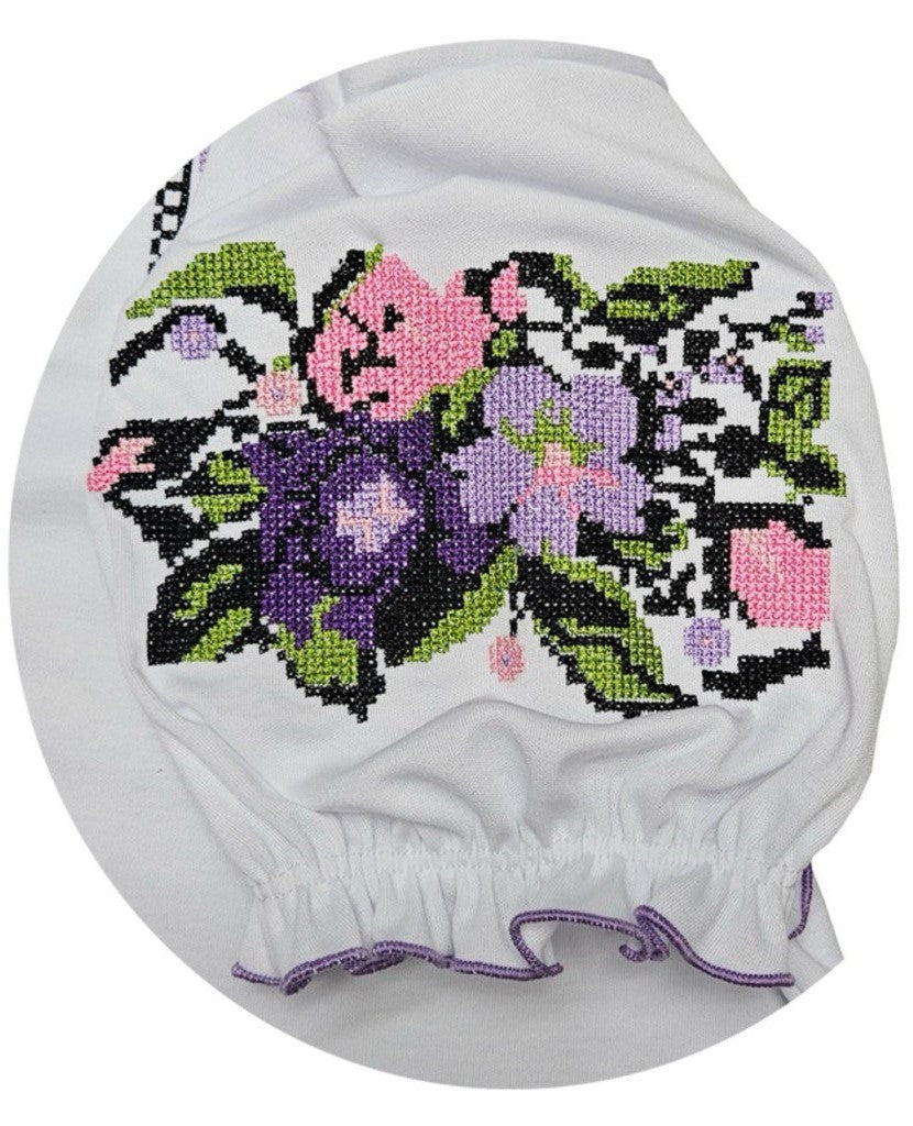 Girl's  short sleeve embroidered white top "Purple bloom"
