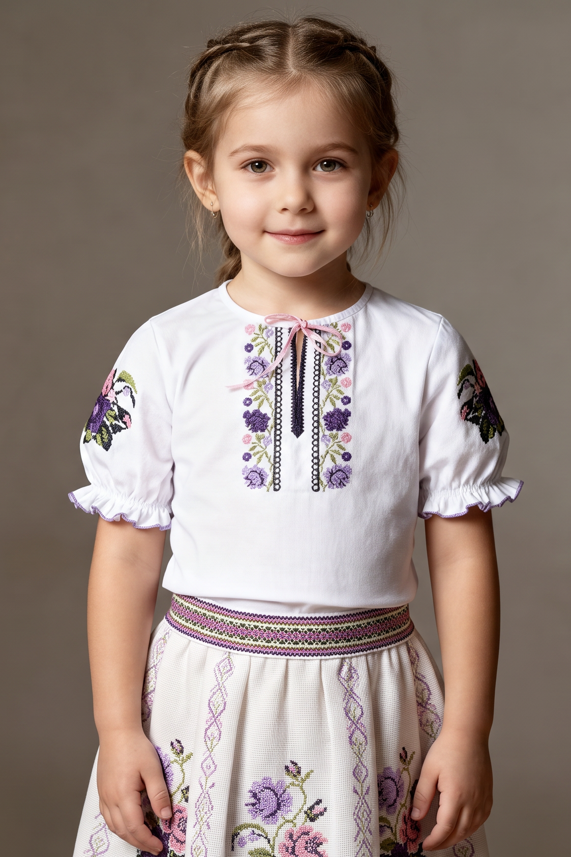 Girl's  short sleeve embroidered white top "Purple bloom"