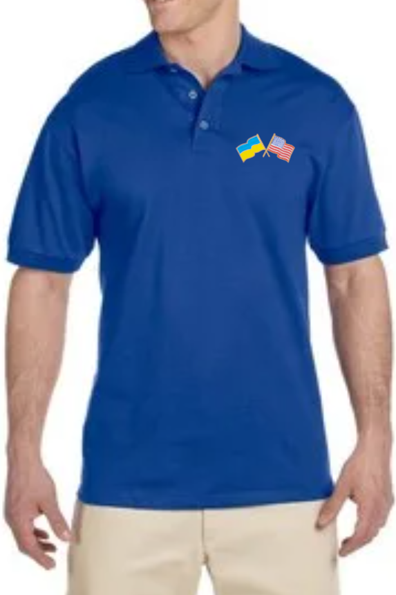 Men's cotton polo shirt with Ukrainian and American flags