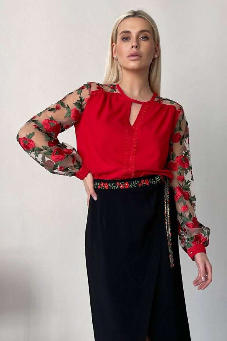 Ladies red blouse with poppy embroidery