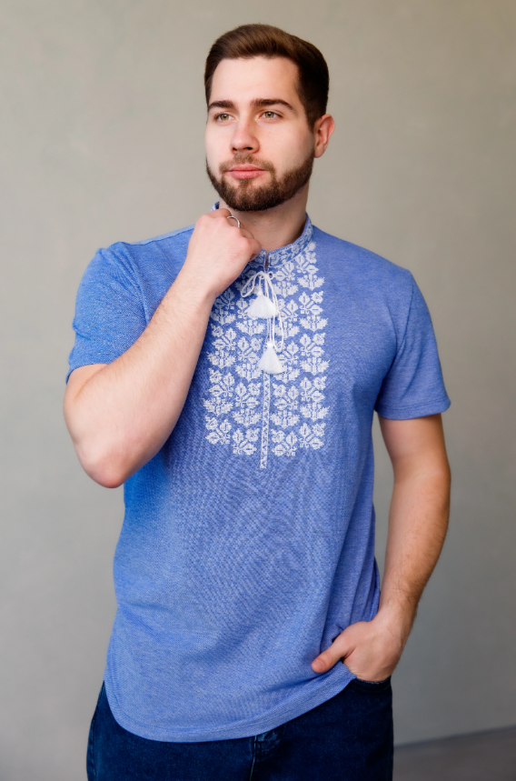 Men's short sleeve blue shirt with white cross stitch embroidery "Yarylo"
