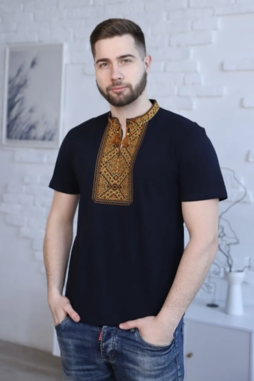 Men's short sleeve Black shirt with gold embroidery Ridna Small