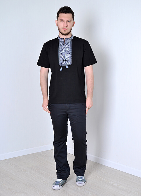 Men's short sleeve navy shirt with grey embroidery "Ridna"
