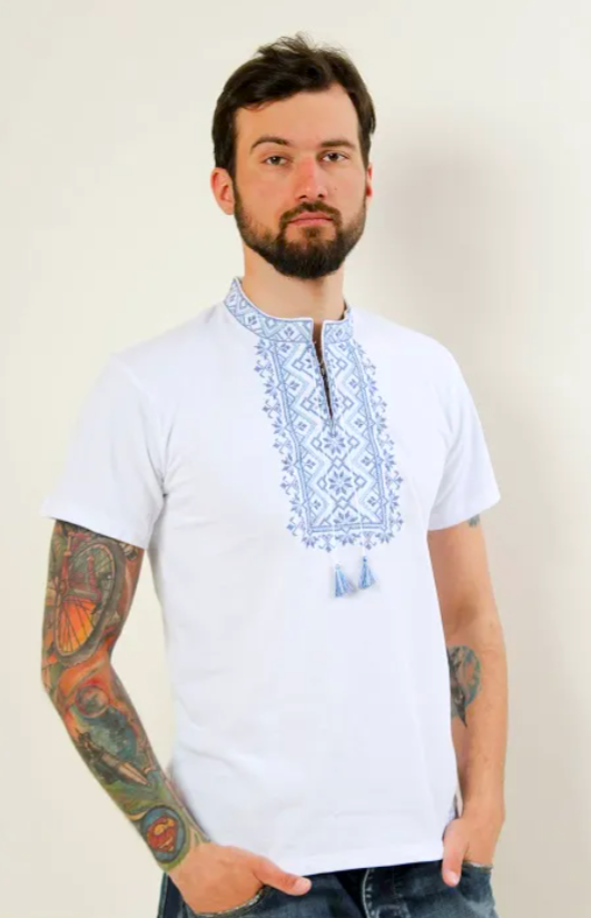 Men's short sleeve whiteshirt with blue embroidery "Zoryan"