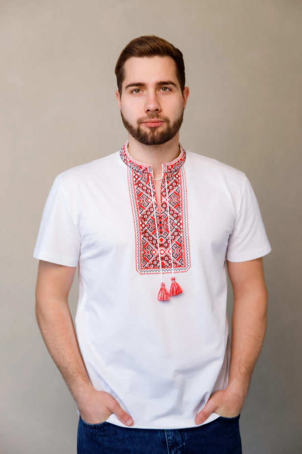 Men's short sleeve white shirt with red embroidery "Ridna"
