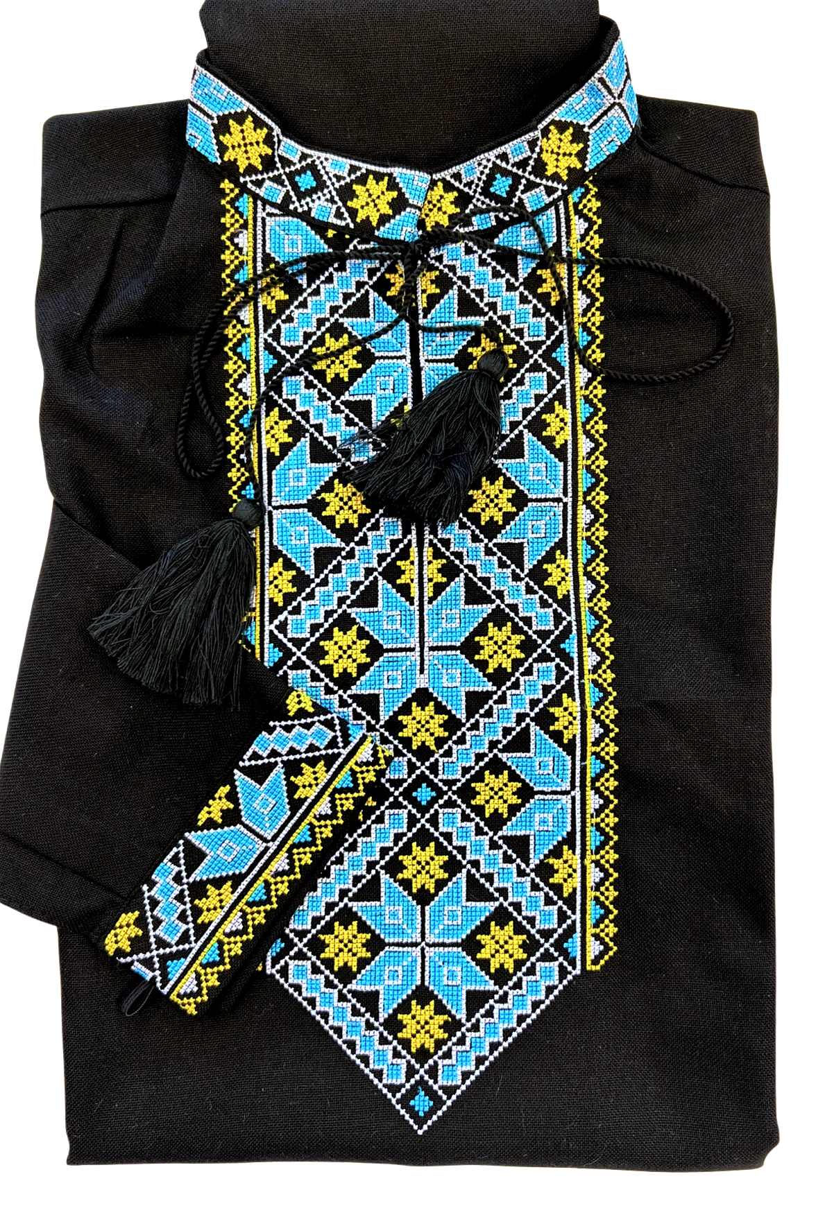 Men's black Vyshyvanka with blue and yellow embroidery