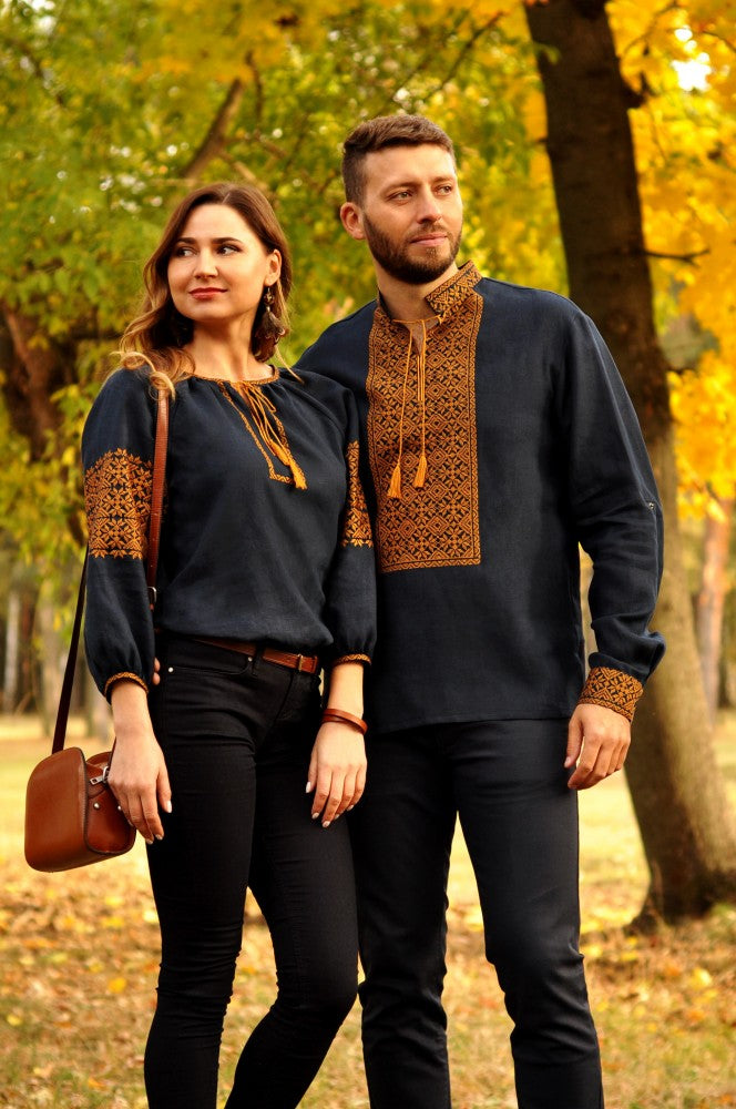 Men's linen Vyshyvanka. Navy shirt with orange embroidery