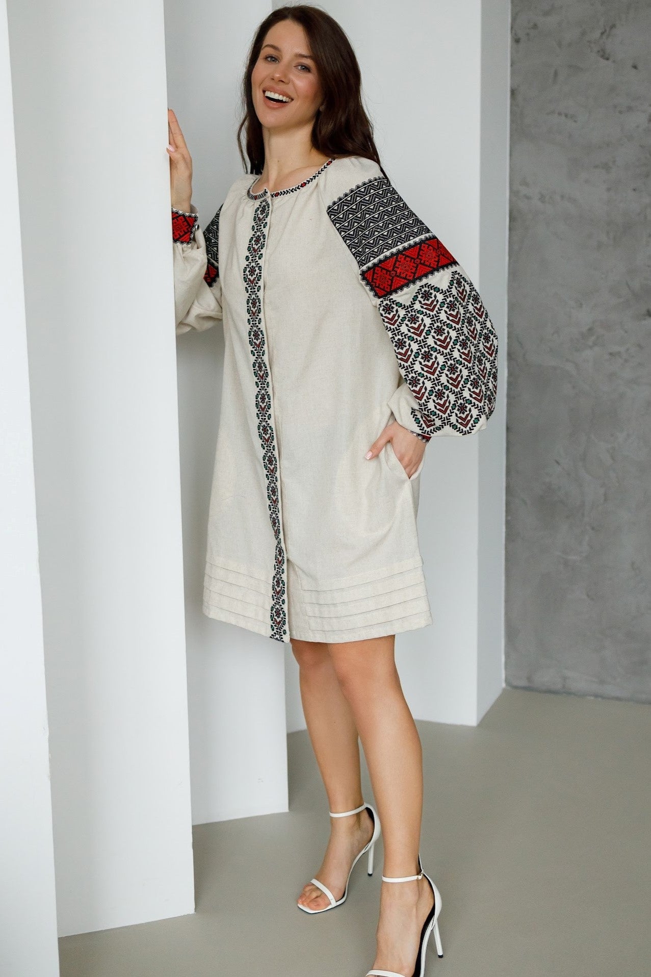 Ukrainian embroidered linen dress Podillia 3XLarge / Beige Ukrainian embroidered linen dress Podillia 3XLarge / Beige