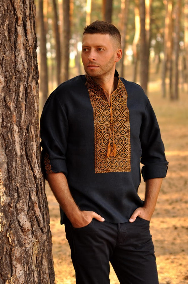 Men's linen Vyshyvanka. Navy shirt with orange embroidery - Ukie Style