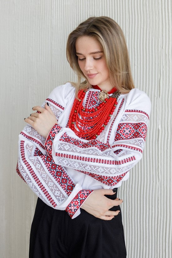 Ukrainian white blouse "Richelieu" Red