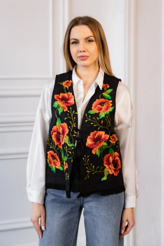 Ukrainian women's embroidered Eco vest "Poppy Charm"