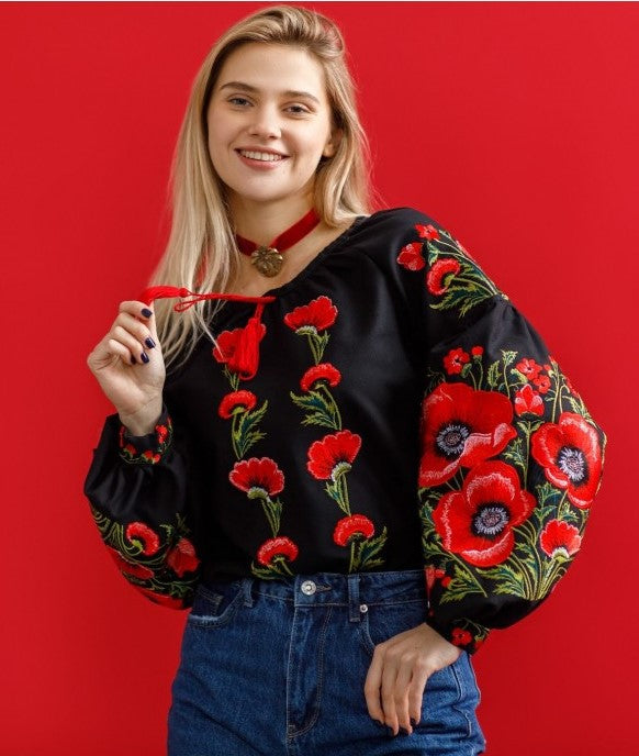 Ukrainian embroidered blouse "Poppy bloom" black