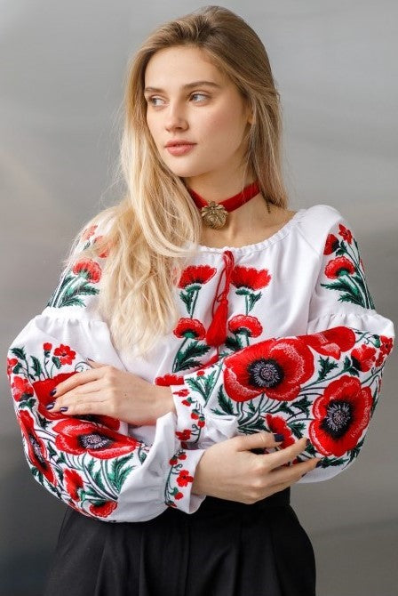 Ukrainian embroidered blouse "Poppy bloom" white