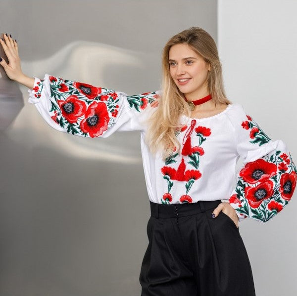 Ukrainian embroidered blouse "Poppy bloom" white