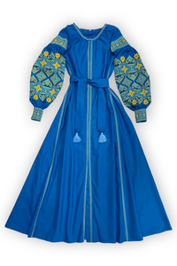 Ukrainian long embroidered dress Do Peremohy blue XSmall / blue / Yellow embroidery Ukrainian long embroidered dress Do Peremohy blue XSmall / blue / Yellow embroidery