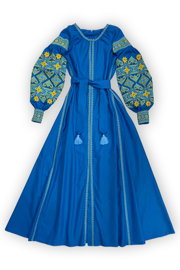 Ukrainian long embroidered dress Do Peremohy blue XSmall / blue / Yellow embroidery Ukrainian long embroidered dress Do Peremohy blue XSmall / blue / Yellow embroidery