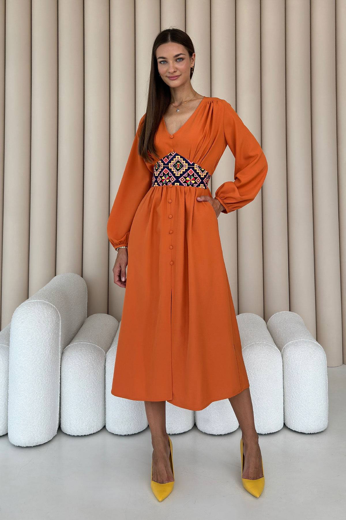 orange empire waist dress CASSIS Empire-Waist Midi Dress with Adjustable Straps in Orange