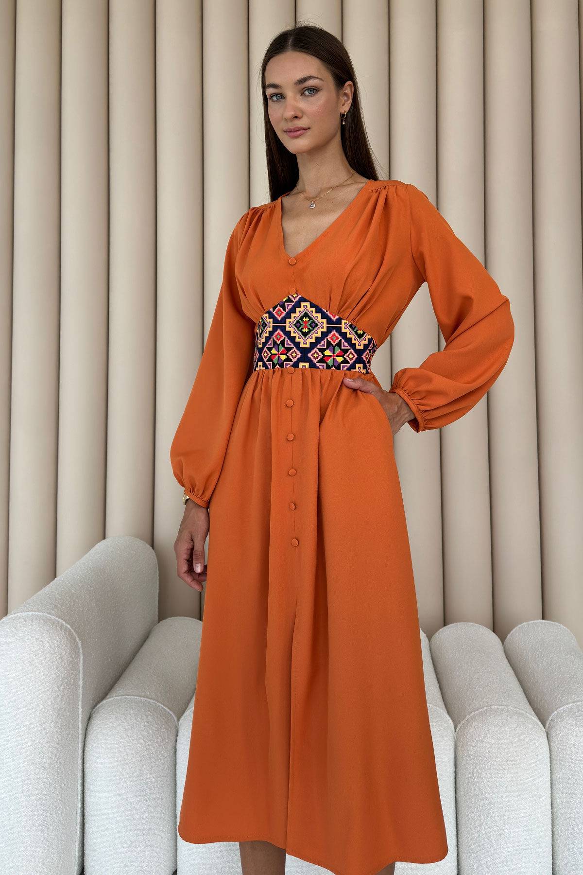 Ukrainian orange color dress with empire waist